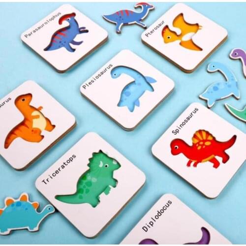 Montessori Wood Toys Kid Cognition Puzzles Game Cartoon Cards English Learning FlashCard Matching Early Educational Toy Iron Box