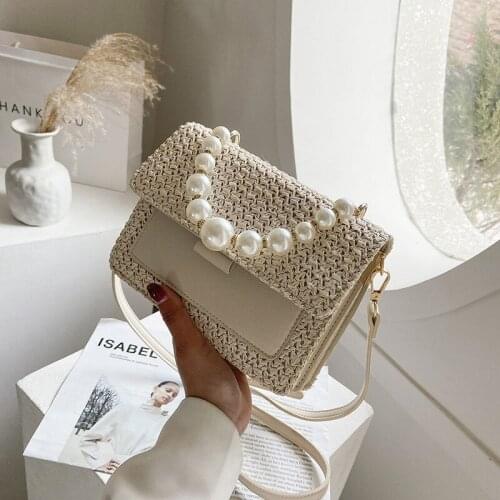 Designer Pearl Chain Straw Bags for Women Woven Flap Bag Casual Shoulder Crossbody Bags Bohemian Vacation Beach Tote Handbags