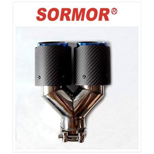 Sormor Dual-Outlet Y-Style Matte Muffler Pipes Exhaust Tips with Blue Burnt Stainless Steel, Inlet 63mm outlet89mm