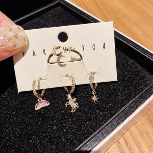 Aesthetic Trend Jewelry Set Cute Unicorn Rainbow Pendant Cubic Zirconia Earrings Moon Star Ring for Women