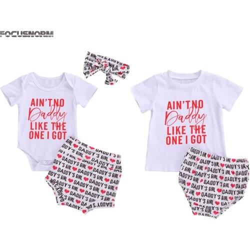 0-5Y Summer Kids Girls Clothes Sets Sister Letter Heart Print Romper/T Shirts Tops Shorts Headband Outfits
