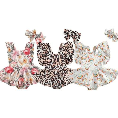 Toddler Newborn Babys Clothes Girls Two-piece Clothing Set Printed Pattern Sleeveless Square Collar Romper Headdress Kid Romper