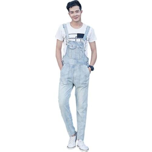 Overalls Men Bib Jeans Loose Straight Denim Jumpsuits Fashion Pocket Workwear Cargo Pants Light White Trousers Large Size S -5XL