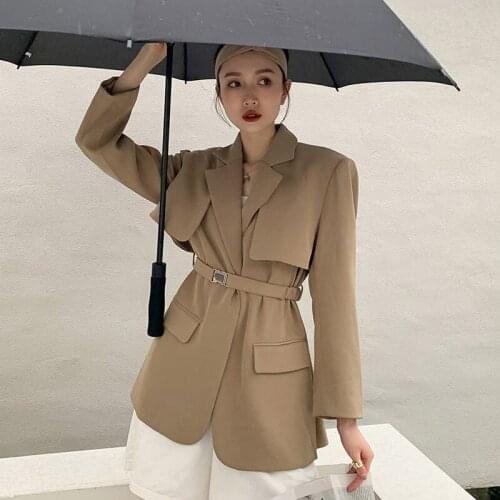 Korean Khaki Blazers Plus Sashes Women Streetwear Mid-length Casual Long Sleeve Suit Jacket Female Outerwear Spring Autumn 2021