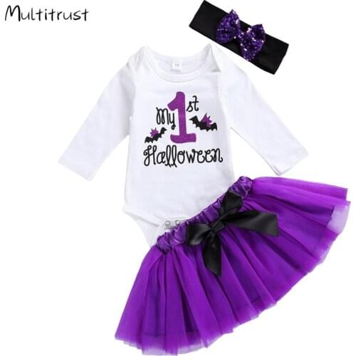 0-24M Newborn Halloween Outfits Long Sleeve Round Neck Letter Print Bodysuit +Bow Gauze Skirt +Sequin Headband 3 Pcs