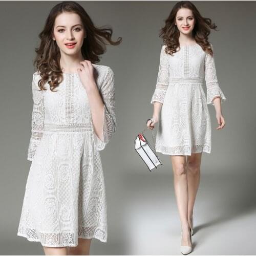 2017 Newest Fashion Women European Spring Solid Lace one-piece lace dress O-Neck Three-Quarter Sleeve dress free shipping