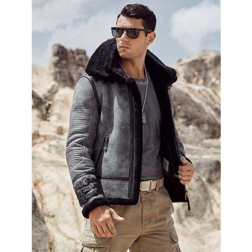 New Shearling Coat Mens B3 Bomber Jacket Short Fur Coat Grey Leather Jacket Motorcycle Jacket Natural Sheepskin Coat