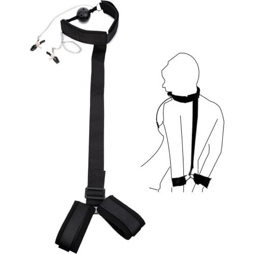 Couple flirting Bondage Gear Wrist Restraints Cuffs with Sexy Collar Mouth Ball Gag Nipple Clamps Slave Handcuffs Sex Toys