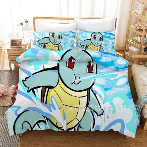 Pikachu three-piece childrens cartoon boy Pokemon quilt pillowcase bedding Squirtle Bulbasaur Charmander little elf