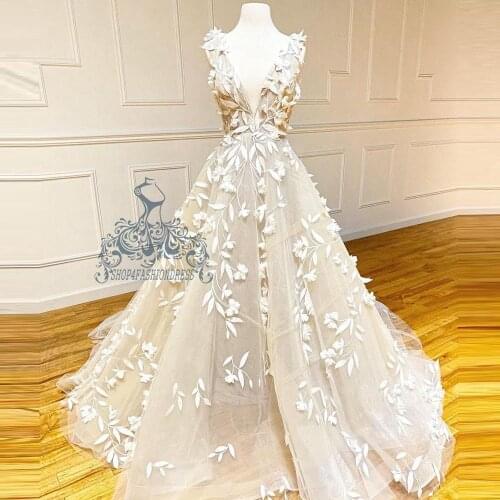Real Image Ivory 3D Flower A-line Prom Dress Charming V-neck Backless Evening Dress Floral Party Gowns Abendkleid Formatura