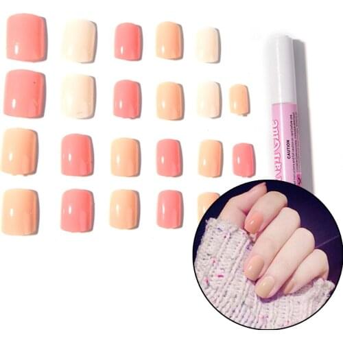 Hot 24 Pcs/set Fashion False Nail Tips with Nail glue Pink Solid Color Short Nails stickers Women Glitter Fake Sexy False Nails