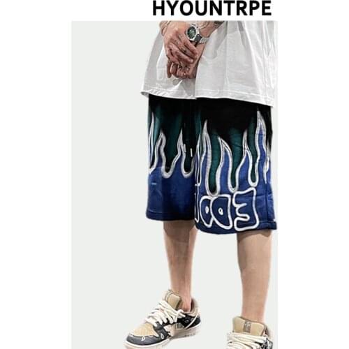 Fashion Fire Graffiti Printed Shorts Mens Elastic Waist Hip Hop Beach Drewstring Shorts Streetwear Casual Sweat Shorts Joggers