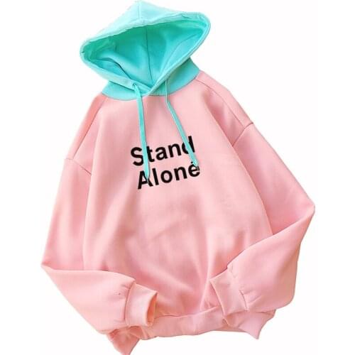 Bangtan Boys Kpop Hoodie Women Fleece Hit Color Splicing Stand Alone Letter Print Causal Korean Fashion Female Hooded Sweatshirt