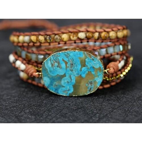 Unique Mixed Natural Stones Gilded Stone Charm 5 Strands Wrap Bracelets for women and men Handmade Boho jewelry drop shipping