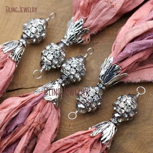 Earth Pink Sari Silk Tassel Pendant Antique Silver Cap And Big Crystal Ball PM9042