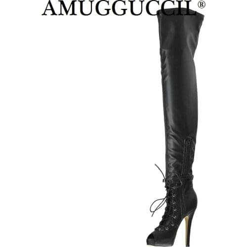 2020 New Plus Big Size 34-52 Black Zip Buckle Lace Up Fashion Sexy Thigh High Heel Over The Knee Ladies Women Autumn Boot X1715
