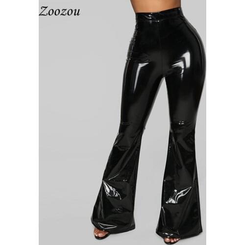 High Waist PU Patent Leather Flare Pants Women Skinny Black Sexy Slim Latex Trousers Casual Faux Leather Wide Leg Pants Custom