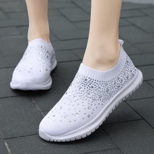 Women Flats Sneakers Crystal Fashion Bling Casual Slip On Sock Trainers Summer Vulcanize Shoe Zapatillas Mujer off white shoe