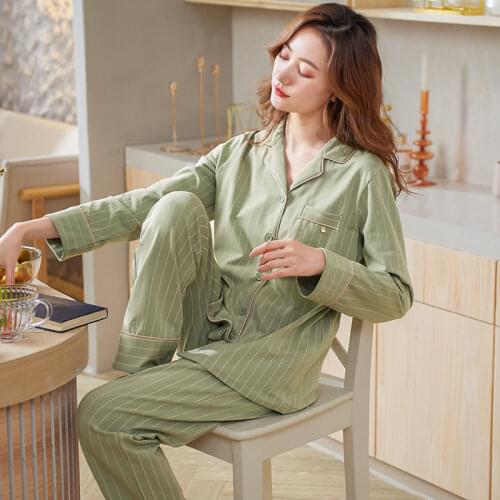 Women Full Pure Cotton Pajamas Set Turn-Down Collar Pijamas Mujer Autumn Striped Long Sleeve Casual Nightwear Cardigan Homewear