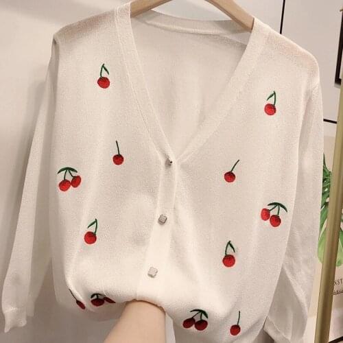 Womens Knit Cardigans Sweater Korean Style Fashion Spring Autumn New V-neck Flower Embroidered Long-Sleeved All-match Cardigans