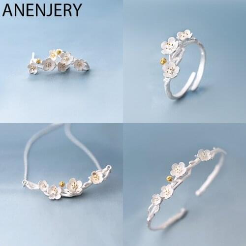 ANENJERY 925 Sterling Silver Jewelry Sets Sakura Plum Blossom Flower Necklace+Earrings+Ring+Bracelet For Women Gift
