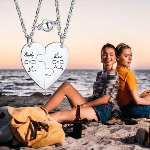 Engrave Name Couple Magnetic Necklace 2pieces Heart Puzzle Love Pendant for Women Sister Personalized Set Jewelry