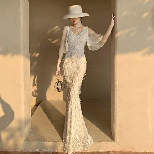 Tassel V-Neck Mermaid Floor-Length Straps Formal Dress Women Elegant Sequined Dew Shoulder Zipper-up Glamorous Evening Dresses