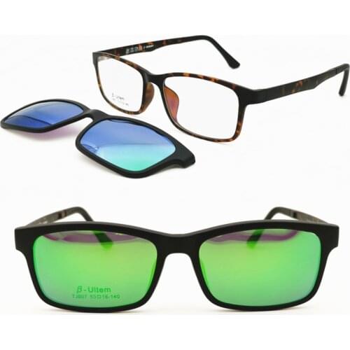 007 ultra lightweight ULTEM rectangle prescription glasses with handy megnatic clip on removable polarized sunglasses lenses men
