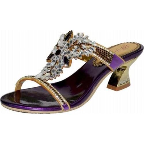 Large size 34-44 women 2017 thick high heels slipper purple crystal diamond luxury slippers gladiator ladies summer party shoes