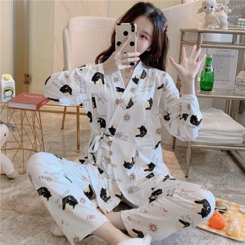 2020 Autumn Long Sleeve Kimono Pajama Sets for Women Cute Cartoon Print Sleepwear Suit Pyjama Homewear Pijama Mujer Home Clothes