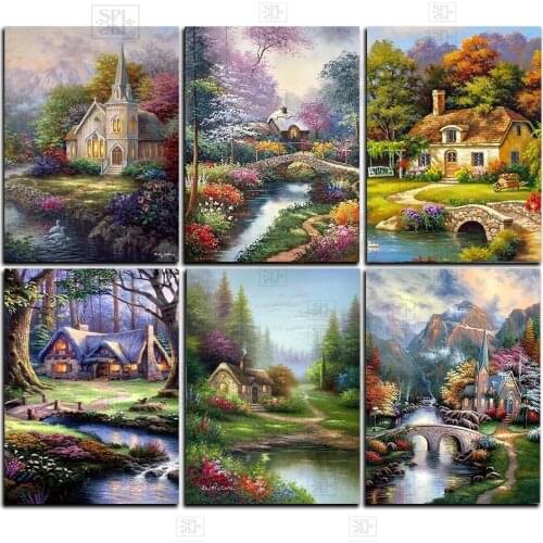 5D Diamond Painting Scenery Bridge House Creek Handmade Gift Diamond Embroidery Mosaic Landscape Home Wall Art Decoration Kits