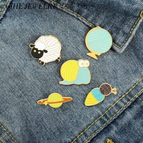 Woolen Ball Enamel Pins Woollen Crafts Badges Funny Globe Ice cream Planet Snails Sheep Brooches Knitting Lover Crafter Jewelry