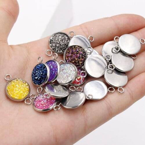 Fnixtar 12mm Stainless Steel Glitter Faux Druzy Resin Charm Connectors DIY Necklace Bracelet Jewelry 1-22 Color 30piece/lot