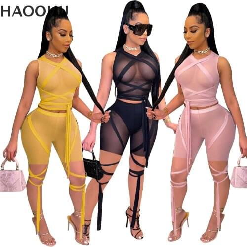 HAOOHU Womens Clothing Womens summer New Style Sexy Mesh See-through Strap Pure Color Sleeveless Two-piece Suit