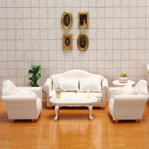 1:12 Scale Dollhouse Miniature Furniture Sofa Kit with 4 Pillows Couch Chairs for Living Room Decoration Model
