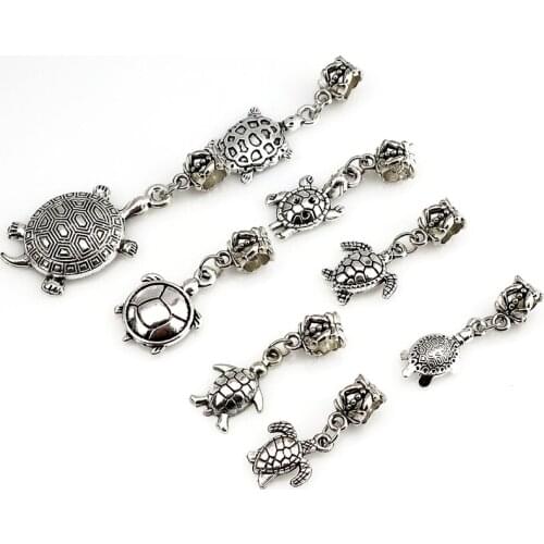 Mix 8pcs Vintage Silver Sea Turtle Tortoise Charms European Bead Charm fit for Bracelets Necklace DIY Metal Jewelry Making