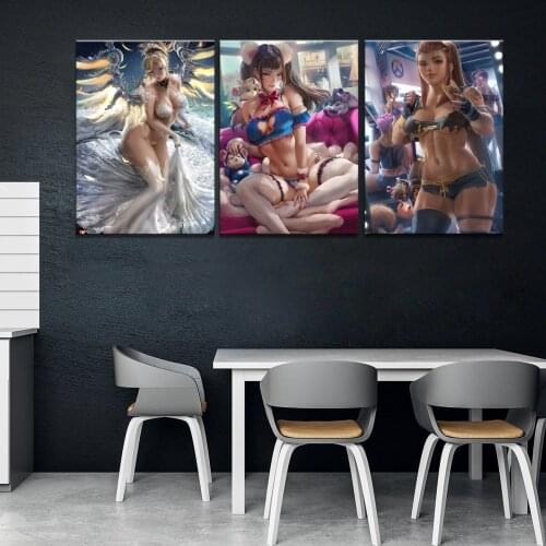 Home Decor Modular Canvas Picture 3 Piece Sexy D.VA Brigitte Mercy Overwatch Game Painting Poster Home Canvas Painting Wholesale