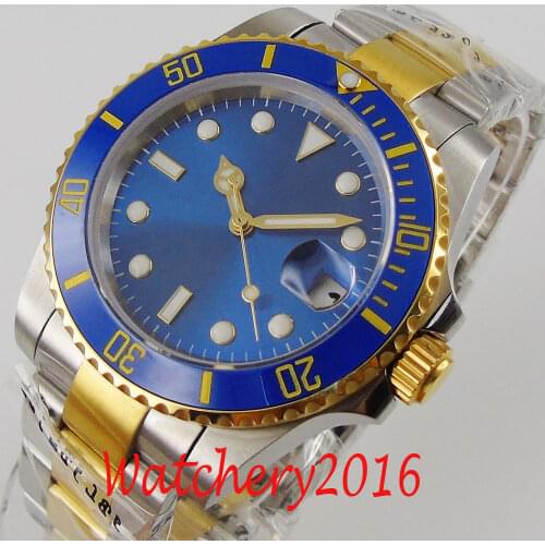 New Arrival BLIGER Yellow Gold Plated Self Winding Men Watch Movement Jubilee Bracelet Blue sunburst Dial Sapphire Crystal