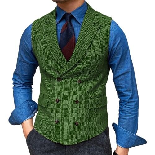Mens Vests Wool Tweed Herringbone Lapel Neck Singal-breasted Jacket Slim Fit Vests Groomsmen Costumes Wedding Vests Custom