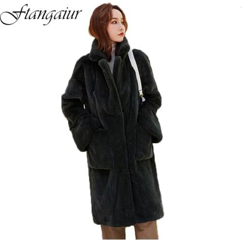 Ftangaiur 2020 Winter Import Purple Standard Velvet Mink Fur Coat Womens Medium Mandarin Collar Natural Real Mink Fur Coats