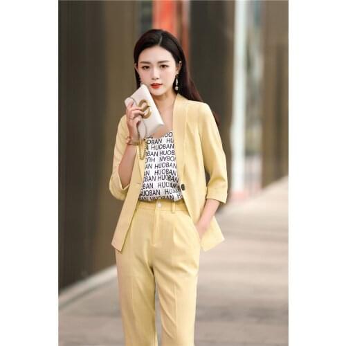 Novelty Yellow Spring Summer Formal Professional Women Business Suits OL Styles Pantsuits Female Blazers for Ladies Work Wear