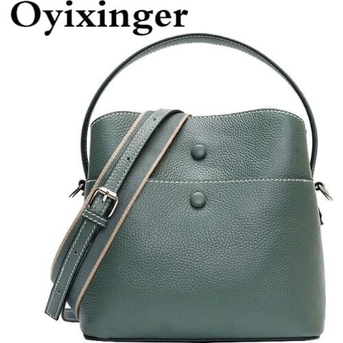 OYIXINGER Women Shoulder Bag 100% Genuine Leather Small Bucket For Female Simple Solid Crossbody Bag Ladies Casual Handbag Women