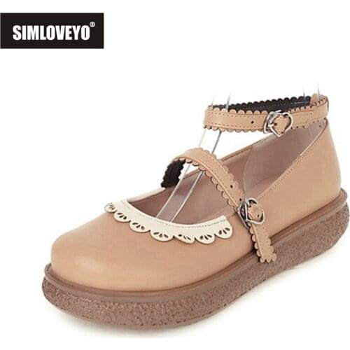 SIMLOVEYO 2021 Pumps Ruffles Round Toe Mary Janes Platforms Ankle Buckle Strap 3.5cm Spike Heel US12 Beige Black Brown A4276