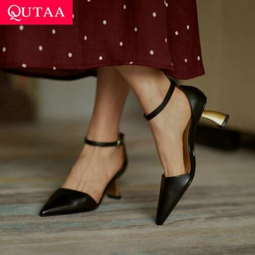 QUTAA 2021 Sexy Pointed Toe Thick Heel Summer Fashion Female Shoes Genuine Leather Ankle Strap Buckle Women Sandals Size 34-40