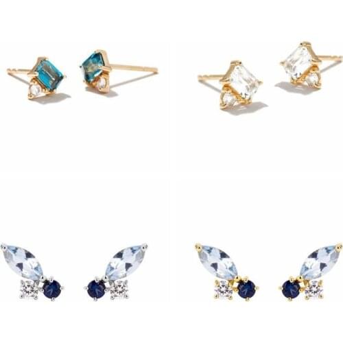 925 Silver Ear Needle Simple Tiny Stud Earrings for Women White Blue Crystal CZ Huggie Earrings Korean Fashion Female Jewelry