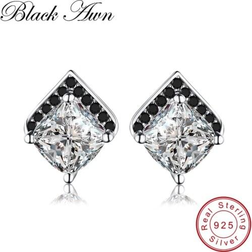[BLACK AWN] Cute 925 Sterling Silver Earrings Fine Jewelry Vintage Engagement Black Spinel Wedding Stud Earring for Women T181
