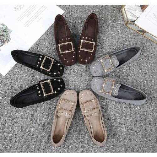New Flat Shoes Women black/grey Square Head Spring Autumn Shoes Women Vacation Square Buckle Ladies Footwear Size 34-43