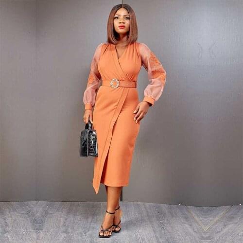 New Midi Dress Woemn Summer Long Sleeve Splicing Lace Irregular Dress Elegant Office Lady High Waist Dresses For Women 2021