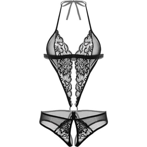 Open Crotch Bodysuit Women Sexy Halter Hollow Out Deep V Flower Lace Bodystocking Women Exotic Body Suit Body Dentelle Femme