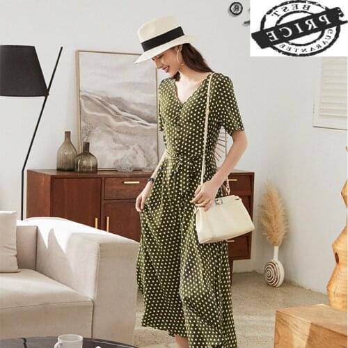 2021 Summer Dress Elegant 100% Silk Dress Female Short Sleeve Dresses for Women Polka-dot Midi Clothes Vestido De Mujer 5